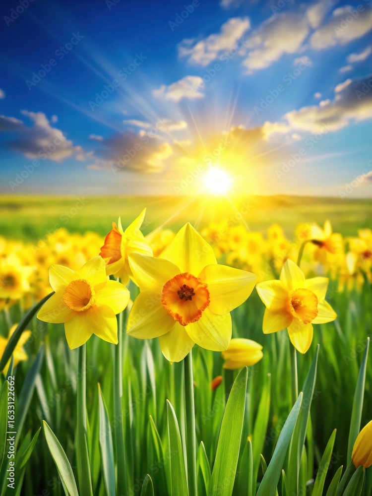 Fototapeta premium Vibrant yellow daffodil flowers blooming in a lush green field under the bright sun