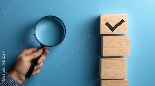 A male hand holds a magnifying glass over wooden blocks with a check mark, symbolizing inspection and quality assurance. The background features a calming blue hue.