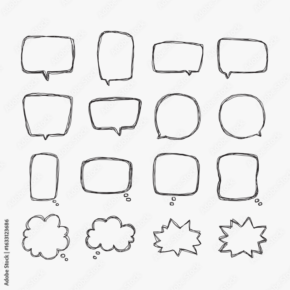 Obraz premium A collection of simple lines hand drawn speech bubbles in various shapes. Set of simple of hand drawn speech bubbles in various sizes and shapes. Set of simple lines hand drawn speech bubbles