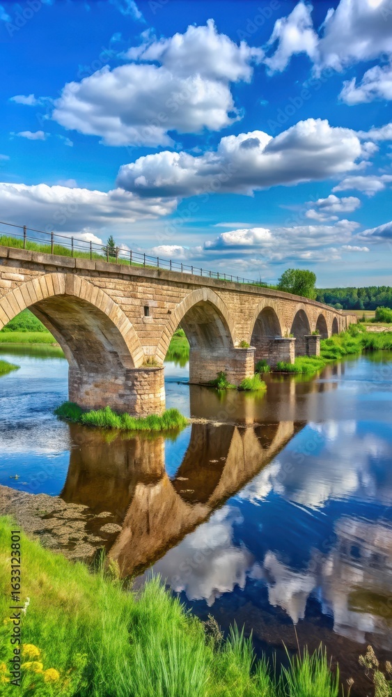 Fototapeta premium Ancient stone bridge over Kama River in rural Udmurtia region