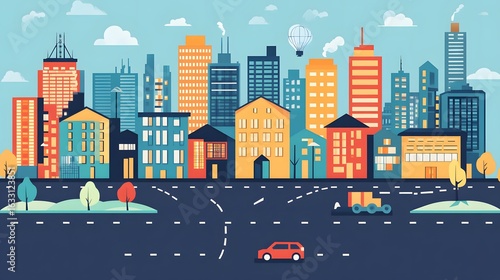 Colorful cityscape illustration with various buildings and a street.