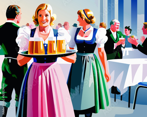 Waitress in traditional dirndl carries a tray filled with beer mugs, surrounded by applauding guests in a festive atmosphere celebrating hospitality and enjoyment