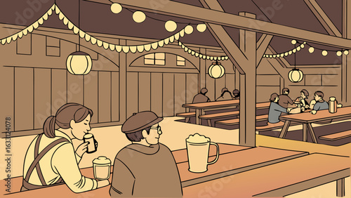 People enjoying drinks at long wooden tables in a cozy beer garden, illuminated by warm lights, creating a lively and inviting evening atmosphere