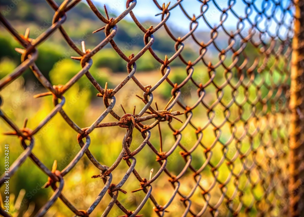 Fototapeta premium Rusty iron wire mesh fence with thorns
