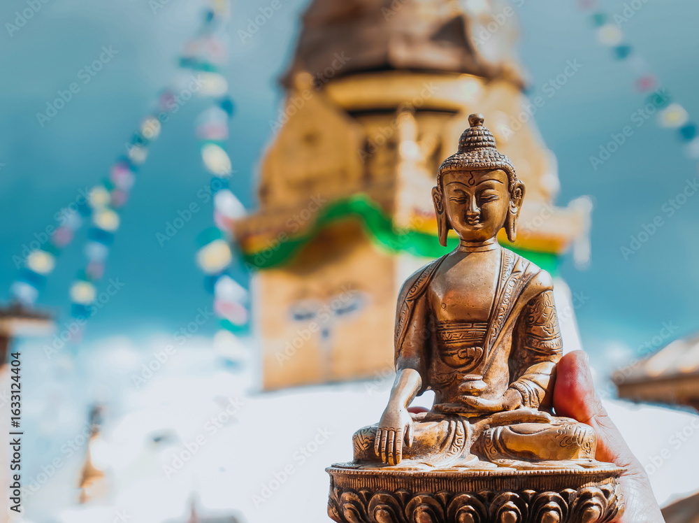 Fototapeta premium Swayambhunath Stupa, also known as the Monkey Temple, stands majestically atop a hill in Kathmandu, offering spiritual serenity and panoramic views of the valley.