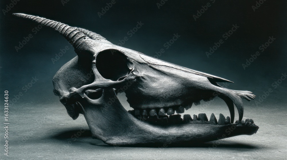 Fototapeta premium Detailed close up of a textured goat skull with sharp horns and teeth against a dark background