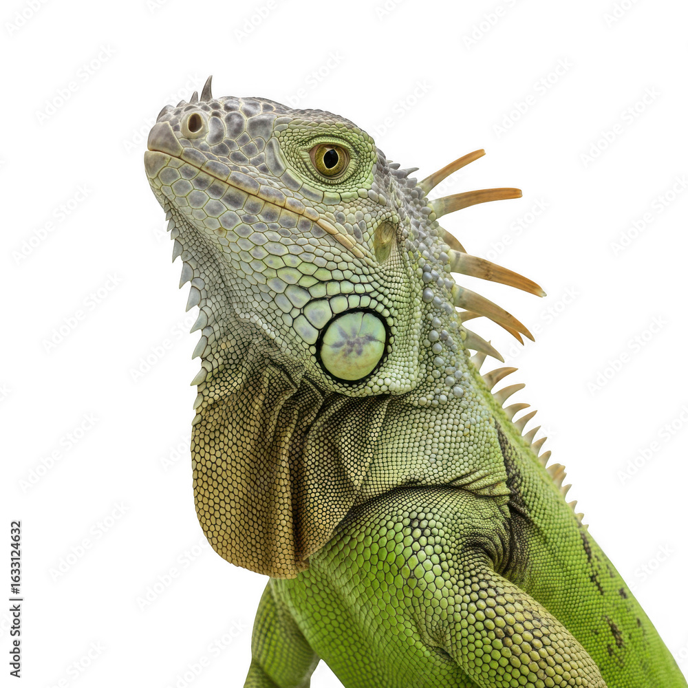 Fototapeta premium Green iguana head and neck detail isolated on transparent background