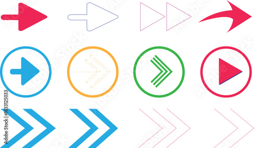 Arrow icons set with symbols for direction, play, and web design