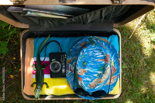 vintage suitcase packed for vacation with a vintage camera and a rubber crocodile