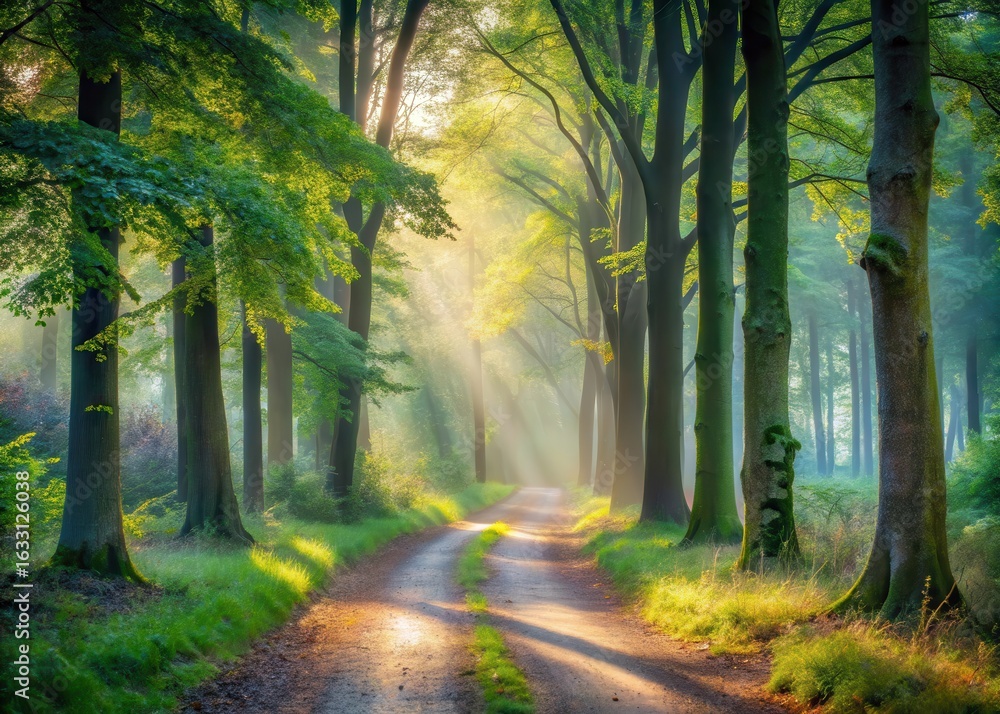 Obraz premium Winding forest path under misty trees early morning light