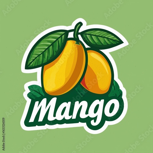 Simple flat vector logo of a cute mango with bold lines and bright colors on a pastel green background, minimalist cartoon design in high definition professional quality for branding or icon use