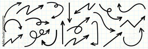 Set of simple lines hand drawn black arrows in various style. Set of simple of hand drawn black arrows. Set of simple lines hand drawn black arrows. Various of simple lines arrows collection