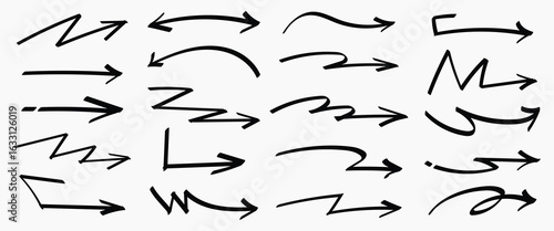 Set of simple lines hand drawn black arrows in various style. Set of simple of hand drawn black arrows. Set of simple lines hand drawn black arrows. Various of simple lines arrows collection