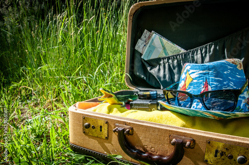 A vintage suitcase with a summer fedora, black glasses and a plastic crocodile