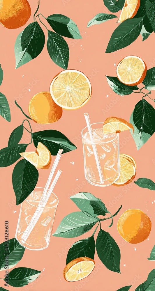Fototapeta premium Citrus drinks & leaves pattern on peach background