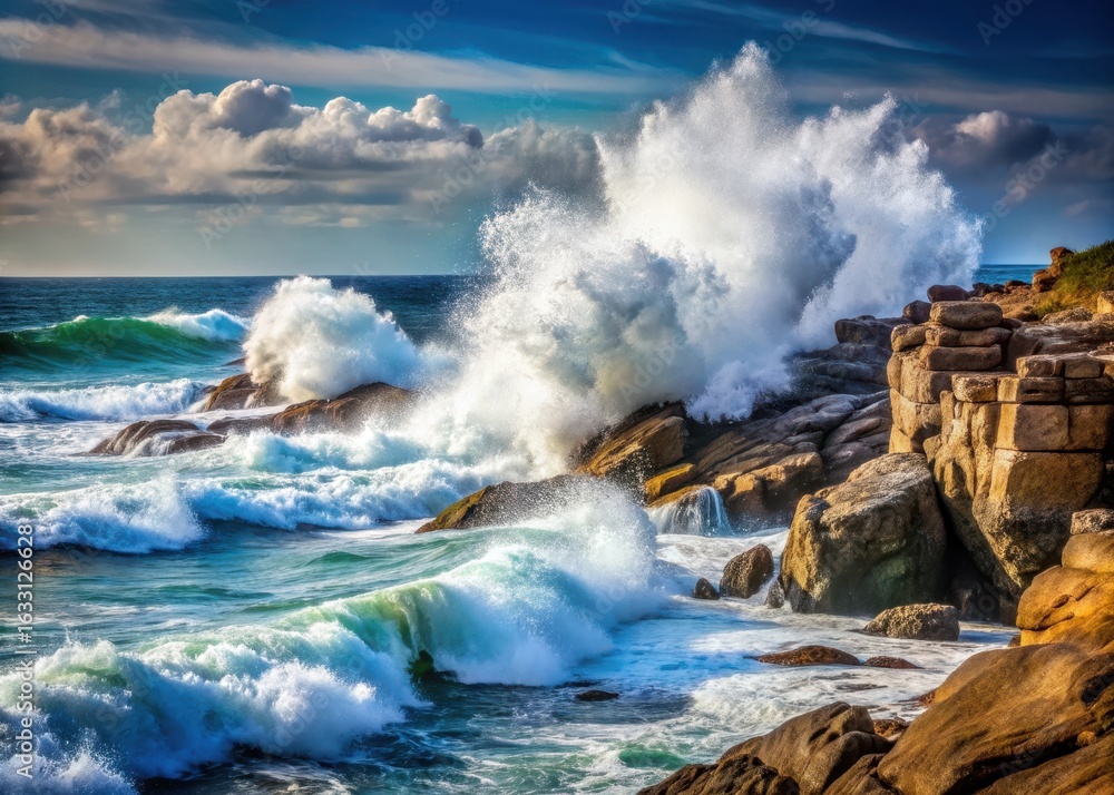 Fototapeta premium Crashing waves on a rugged rocky shore