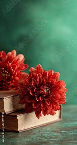 Red dahlias on books, green background, autumn still life, book cover design