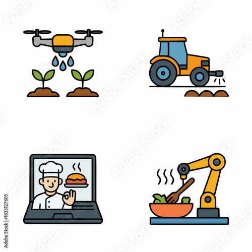 Vector icons representing smart farming and food tech, combining automation, digital cooking, and online culinary education