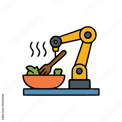 Mechanical arm stirs vegetables in a bowl, representing the use of robotics in automated cooking systems