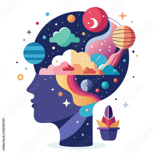 Conceptual Vector of Head Silhouette Opening to Abstract Dream Universe