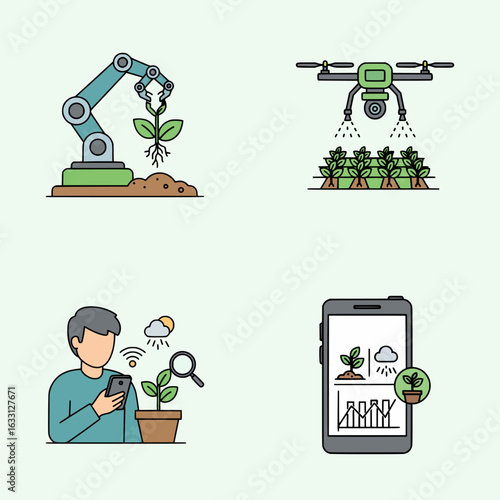 Vector image showing precision agriculture through automated tools, weather sensors, and smartphone-based plant analytics