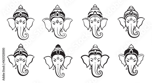 Icon sheet featuring multiple logo variations of Lord Ganesha’s face, inspired by Hindu Indian tradition.