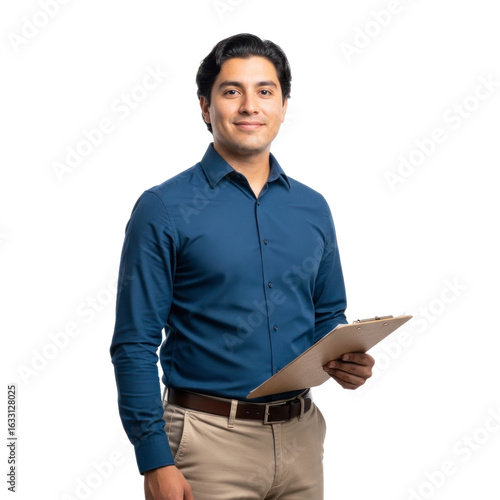 A confident young Hispanic businessman in a blue shirt holds a clipboard and smiles at the camera.
