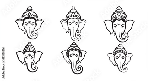 Icon sheet featuring multiple logo variations of Lord Ganesha’s face, inspired by Hindu Indian tradition.