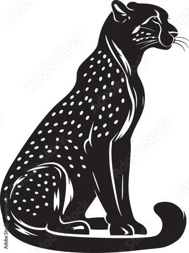 A black and white illustration of a leopard in profile, with a white background.