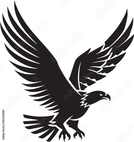 A black and white silhouette of an eagle flying against a white background.