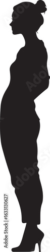 A black and white silhouette of a woman standing in profile, wearing a sleeveless top and pants, with her hair tied back.