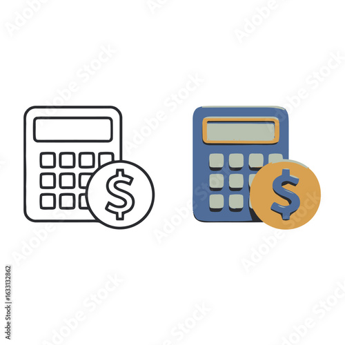 Financial calculator and dollar coin icons in both line art and colorful 3D illustration styles.