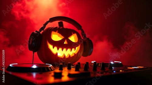 Scary halloween pumpkin lantern with headphones on dj equipment