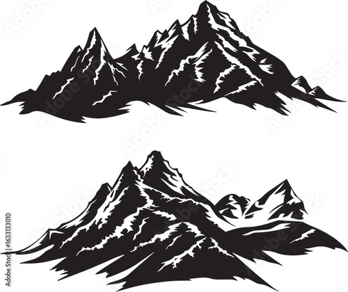 Two mountain peaks against a white background. The natural landscape concept of rugged terrain.