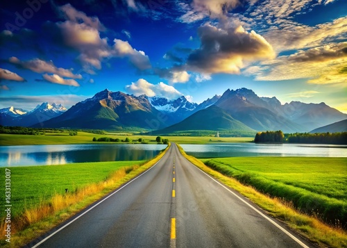 Serene Country Road: Majestic Mountain Lake Landscape Stock Photo