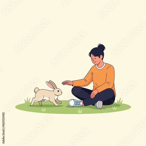 Woman Interacting with Rabbit on Grass Enjoying Gentle Moments Together