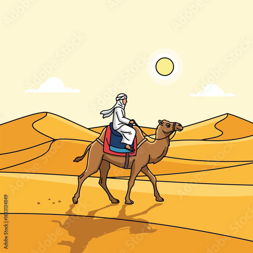 Person Riding Camel in Desert with Sand Dunes Under Sun
