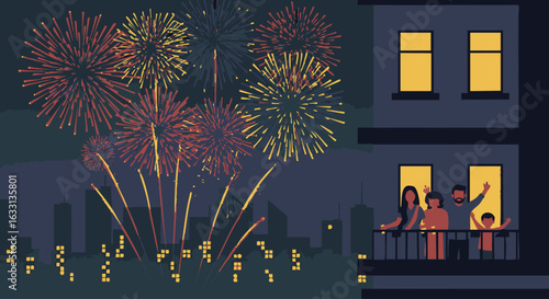 Joyful family on an apartment balcony watching a vibrant fireworks display over the city skyline at night.