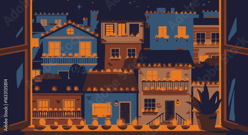 Stylized cityscape illustration of buildings decorated with glowing orange diyas for the Diwali festival at night.
