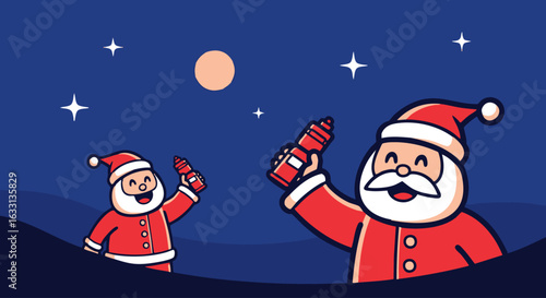 Two cheerful cartoon Santa Claus characters in red suits holding futuristic toy blasters.