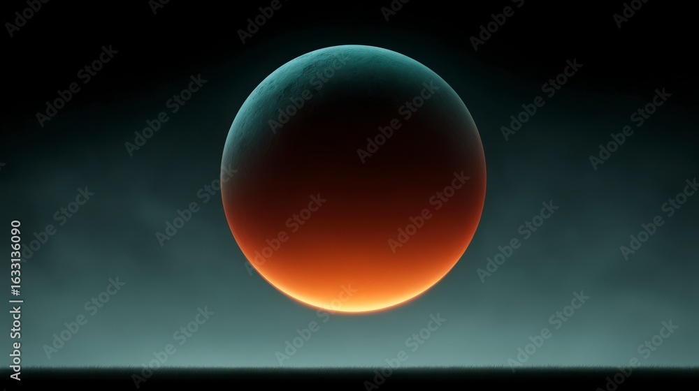Obraz premium A glowing sphere with textured surface lit by warm orange light against a dark misty background