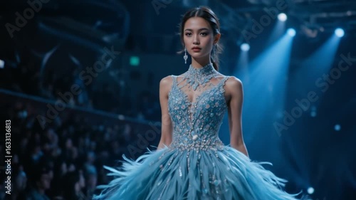 Elegant model showcasing a stunning couture gown at a high profile fashion runway show