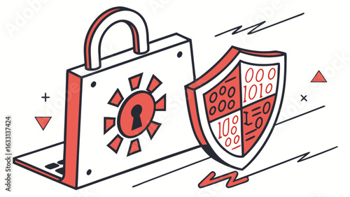 Cybersecurity protection shield and padlock on laptop for data privacy and network security system