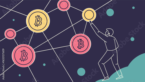 Bitcoin blockchain network concept with man reaching for cryptocurrency investment opportunity now is here