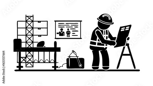 Construction worker reviewing blueprint on site with safety gear and scaffolding for building project