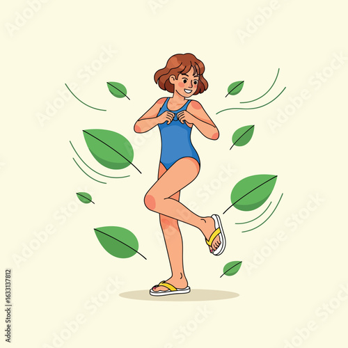 Woman Ready for Swim Wearing Flip Flops with Green Leaves Around