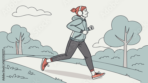 Woman running outdoors illustration for fitness and health lifestyle cardio exercise in park for wellbeing