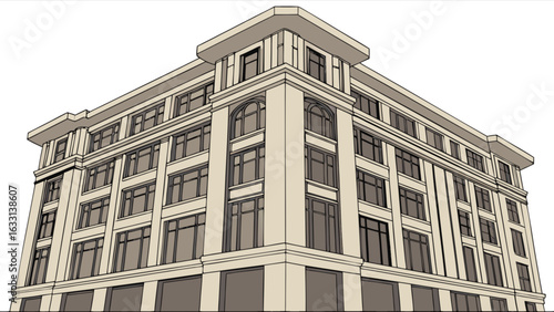 Architectural building design and construction services featuring a modern commercial building complex facade
