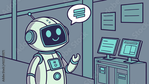 Cartoon robot assistant in office automation concept for ai and machine learning applications design illustration