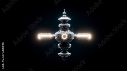 Fototapeta Naklejka Na Ścianę i Meble -  Detailed futuristic space station with illuminated panels against a dark muted background